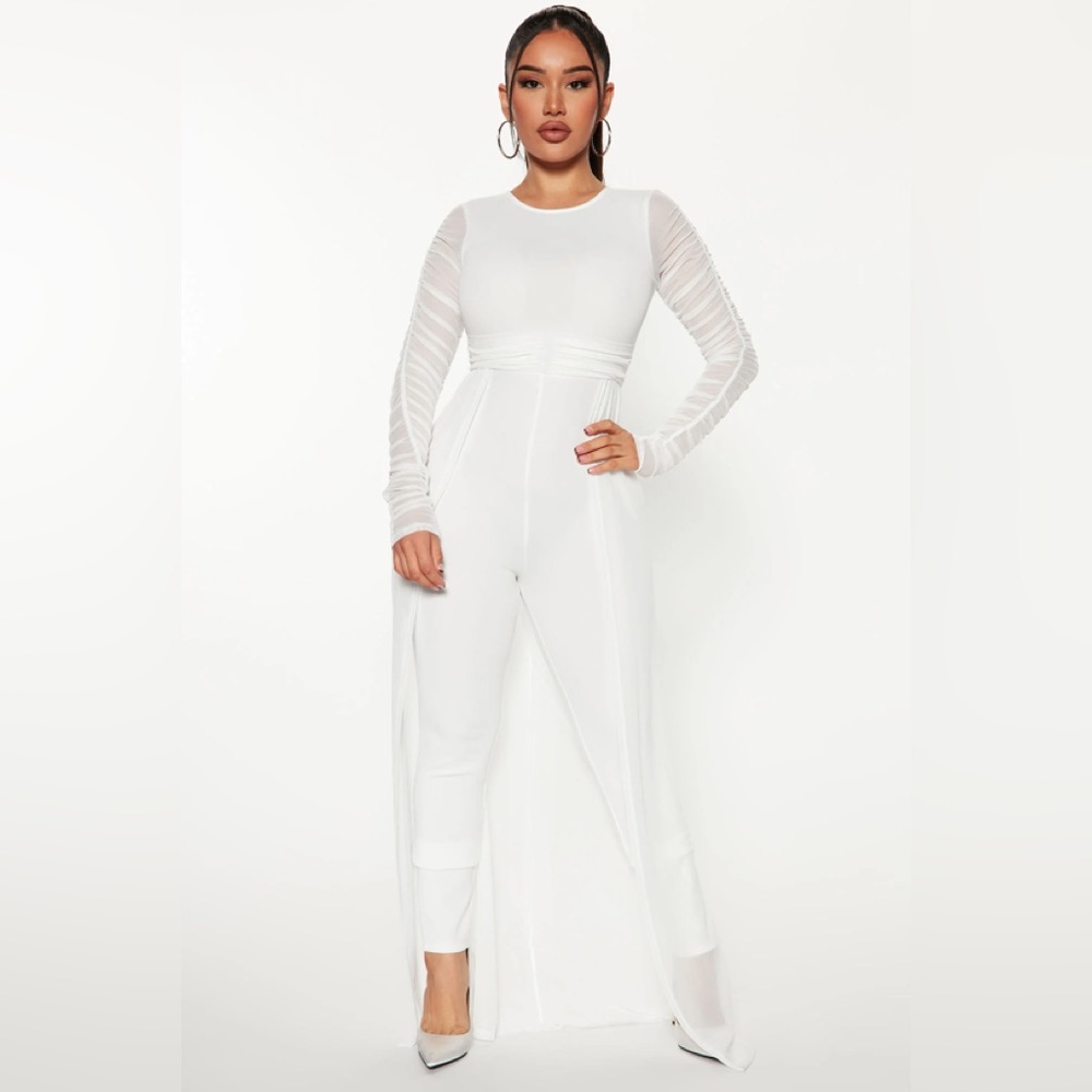 White mesh jumpsuit & cargo tan jumpsuit